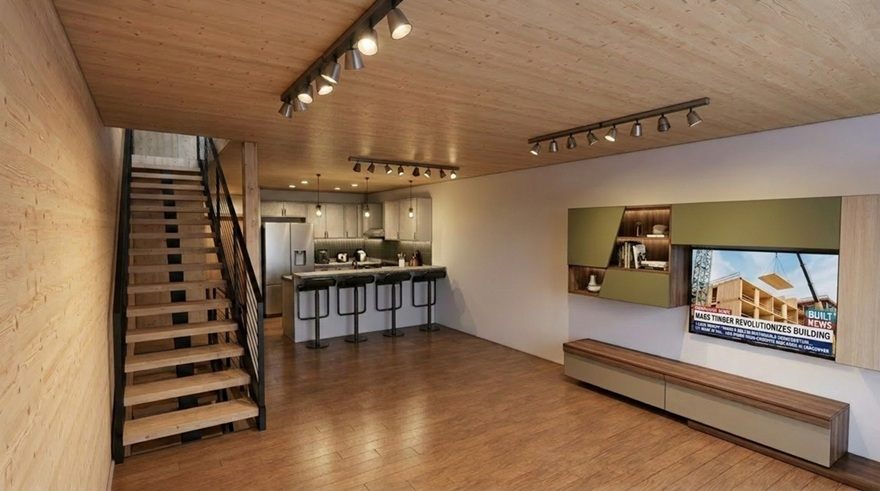 Interior rendering of a Claymont Hybrid Townhome living space with exposed timber ceiling
