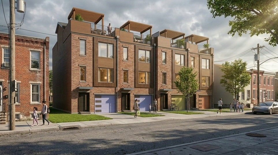 Exterior rendering of the Claymont Hybrid Townhomes — four attached CLT/SIP panelized townhomes on a Wilmington residential street